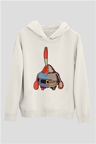 Mr Krabs Half Skeleton Baskılı Beyaz Unisex Hoodie