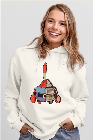 Mr Krabs Half Skeleton Baskılı Beyaz Unisex Hoodie