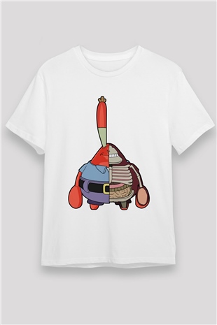 Mr Krabs Half Skeleton Baskılı Beyaz Unisex Tshirt