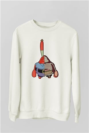 Mr Krabs Half Skeleton Baskılı Beyaz Unisex Sweatshirt