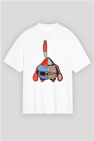 Mr Krabs Half Skeleton Baskılı Beyaz Unisex Oversize Tişört