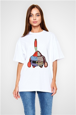 Mr Krabs Half Skeleton Baskılı Beyaz Unisex Oversize Tişört