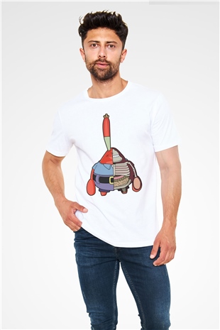 Mr Krabs Half Skeleton Baskılı Beyaz Unisex Tshirt
