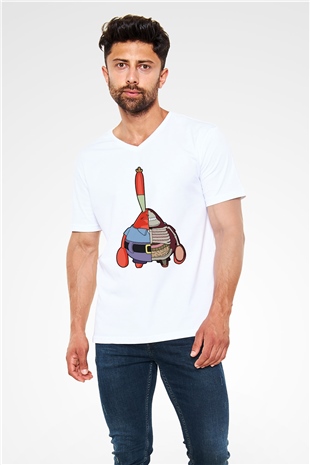 Mr Krabs Half Skeleton Baskılı Beyaz Unisex V Yaka Tişört