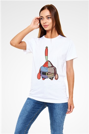 Mr Krabs Half Skeleton Baskılı Beyaz Unisex Tshirt