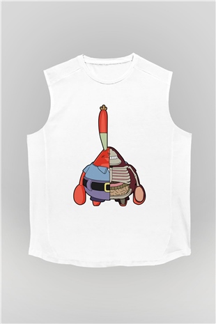 Mr Krabs Half Skeleton Baskılı Beyaz Unisex Kolsuz Tişört
