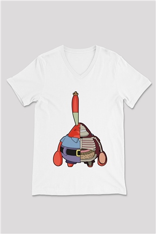 Mr Krabs Half Skeleton Baskılı Beyaz Unisex V Yaka Tişört