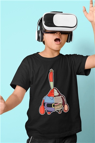 Mr Krabs Half Skeleton Baskılı Siyah Çocuk Unisex Tshirt