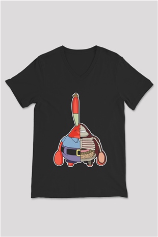 Mr Krabs Half Skeleton Baskılı Siyah Unisex V Yaka Tişört