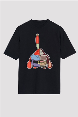 Mr Krabs Half Skeleton Baskılı Siyah Unisex Oversize Tişört