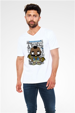Mr T Baskılı Unisex Beyaz V Yaka Tişört