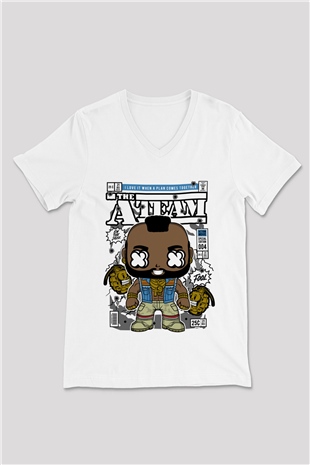 Mr T Baskılı Unisex Beyaz V Yaka Tişört