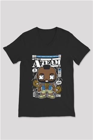 Mr T Baskılı Unisex Siyah V Yaka Tişört