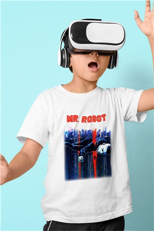 Mr. Robot Baskılı Beyaz Unisex Çocuk Tişört