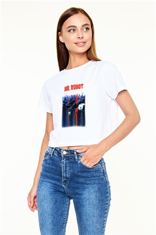 Mr. Robot Beyaz Croptop Tişört