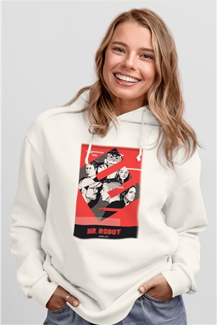 Mr. Robot Beyaz Unisex Kapşonlu Sweatshirt