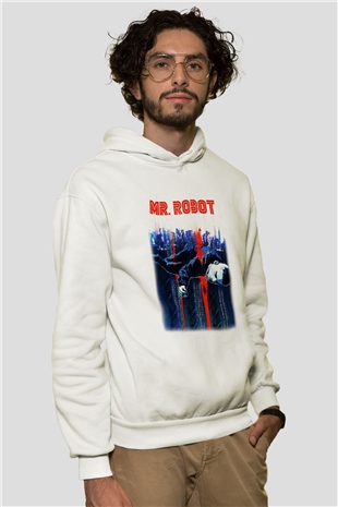 Mr. Robot Beyaz Unisex Kapşonlu Sweatshirt