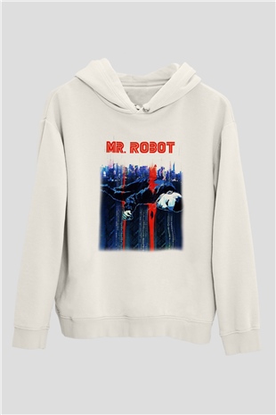 Mr. Robot Beyaz Unisex Kapşonlu Sweatshirt