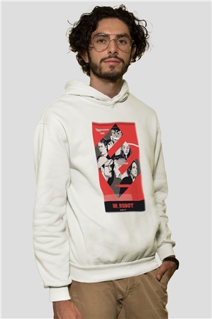 Mr. Robot Beyaz Unisex Kapşonlu Sweatshirt