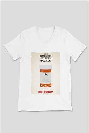 Mr. Robot Beyaz Unisex V Yaka Tişört