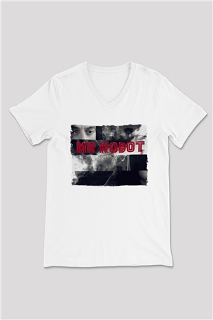 Mr. Robot Beyaz Unisex V Yaka Tişört