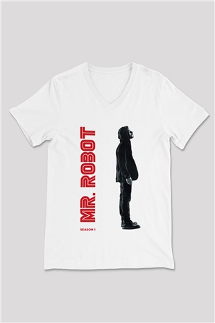 Mr. Robot Beyaz Unisex V Yaka Tişört