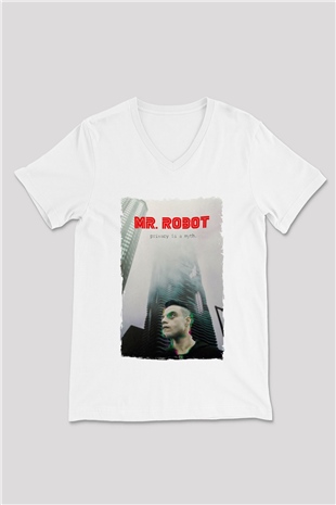 Mr. Robot Beyaz Unisex V Yaka Tişört