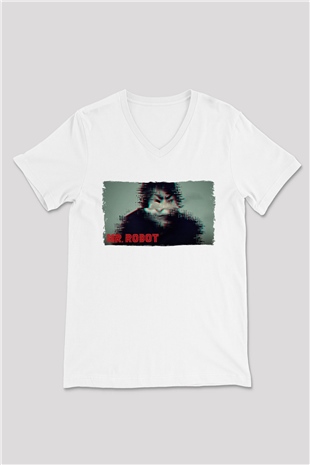 Mr. Robot Beyaz Unisex V Yaka Tişört