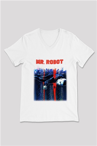 Mr. Robot Beyaz Unisex V Yaka Tişört T-Shirt