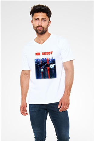 Mr. Robot Beyaz Unisex V Yaka Tişört T-Shirt