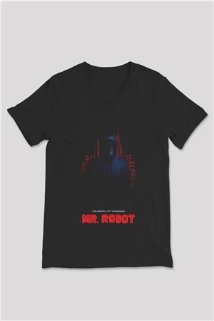 Mr. Robot Siyah Unisex V Yaka Tişört