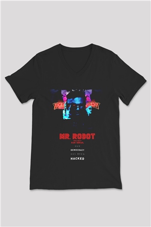 Mr. Robot Siyah Unisex V Yaka Tişört