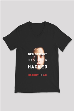 Mr. Robot Siyah Unisex V Yaka Tişört T-Shirt