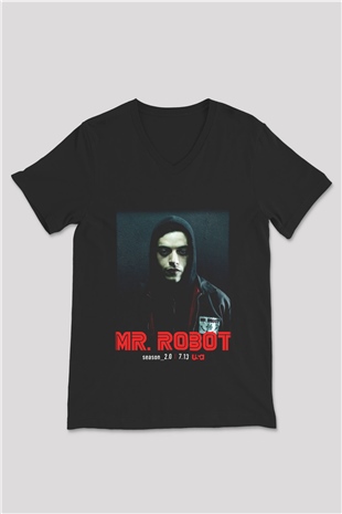 Mr. Robot Siyah Unisex V Yaka Tişört T-Shirt