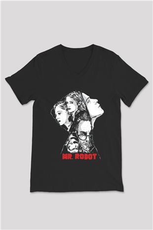 Mr. Robot Siyah Unisex V Yaka Tişört T-Shirt