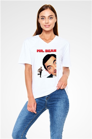 Mr.Bean Beyaz Unisex  V Yaka Tişört