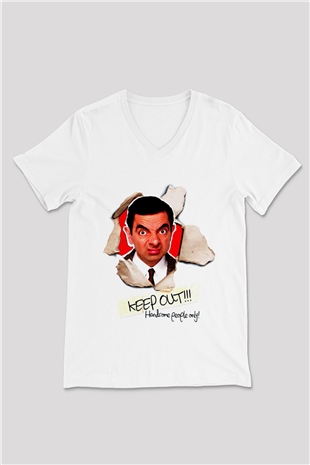 Mr.Bean Beyaz Unisex  V Yaka Tişört