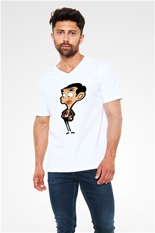 Mr.Bean Beyaz Unisex  V Yaka Tişört
