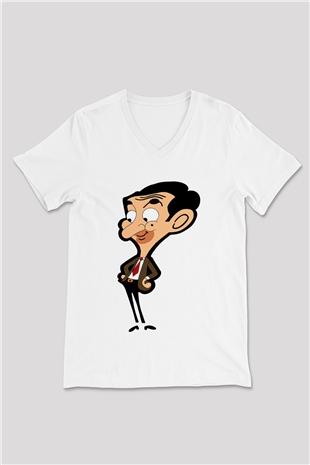 Mr.Bean Beyaz Unisex  V Yaka Tişört