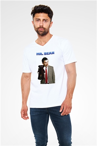 Mr.Bean Beyaz Unisex  V Yaka Tişört
