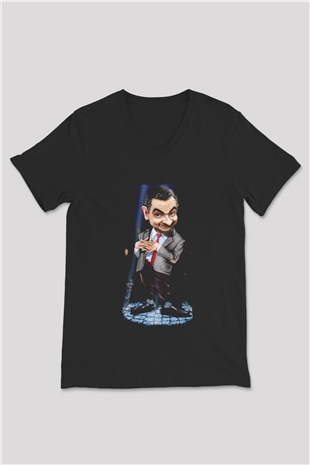 Mr.Bean Siyah Unisex  V Yaka Tişört