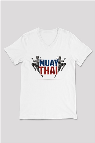 Muay Thai Beyaz Unisex V Yaka Tişört