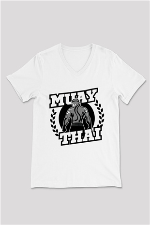 Muay Thai Beyaz Unisex V Yaka Tişört T-Shirt