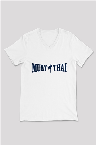 Muay Thai Beyaz Unisex V Yaka Tişört T-Shirt