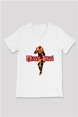 Muay Thai Beyaz Unisex V Yaka Tişört T-Shirt