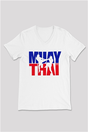 Muay Thai Beyaz Unisex V Yaka Tişört T-Shirt