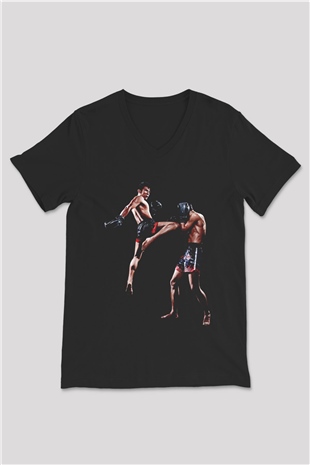 Muay Thai Siyah Unisex V Yaka Tişört