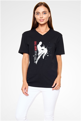 Muay Thai Siyah Unisex V Yaka Tişört T-Shirt
