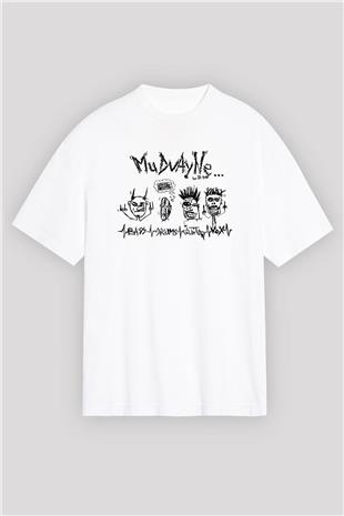 Mudvayne Baskılı Beyaz Unisex Oversize Tişört - Tshirt