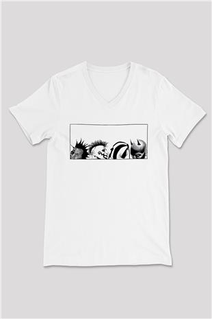 Mudvayne Baskılı Beyaz Unisex V Yaka Tişört - Tshirt